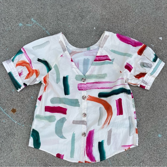 Anthropologie Aimee Clarke XS cotton blouse paint brush design buttons cottage - Picture 3 of 10